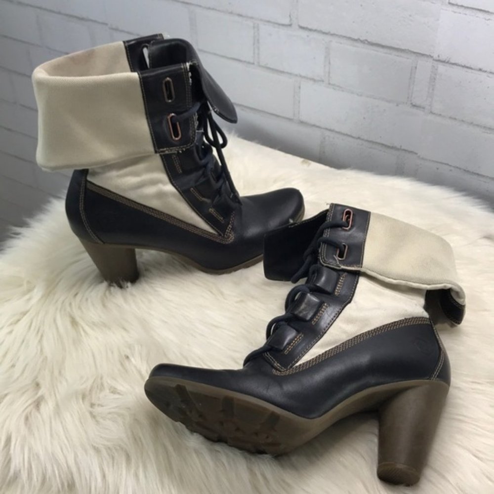 Timberland Fold Down Chauncy Two-Tone Dark Brown and Cream Lace-Up Heeled Boots